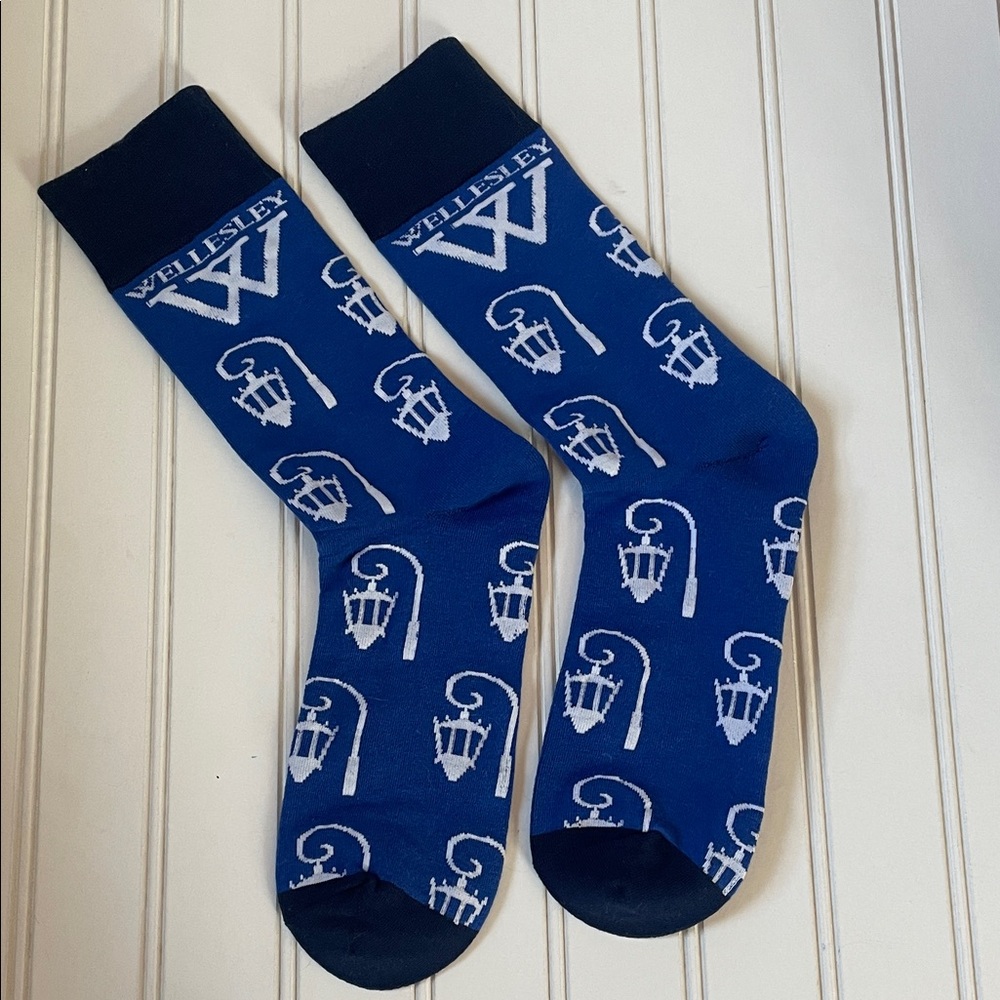 NWOT Wellesley College Blue Crew Socks with Lantern Pattern